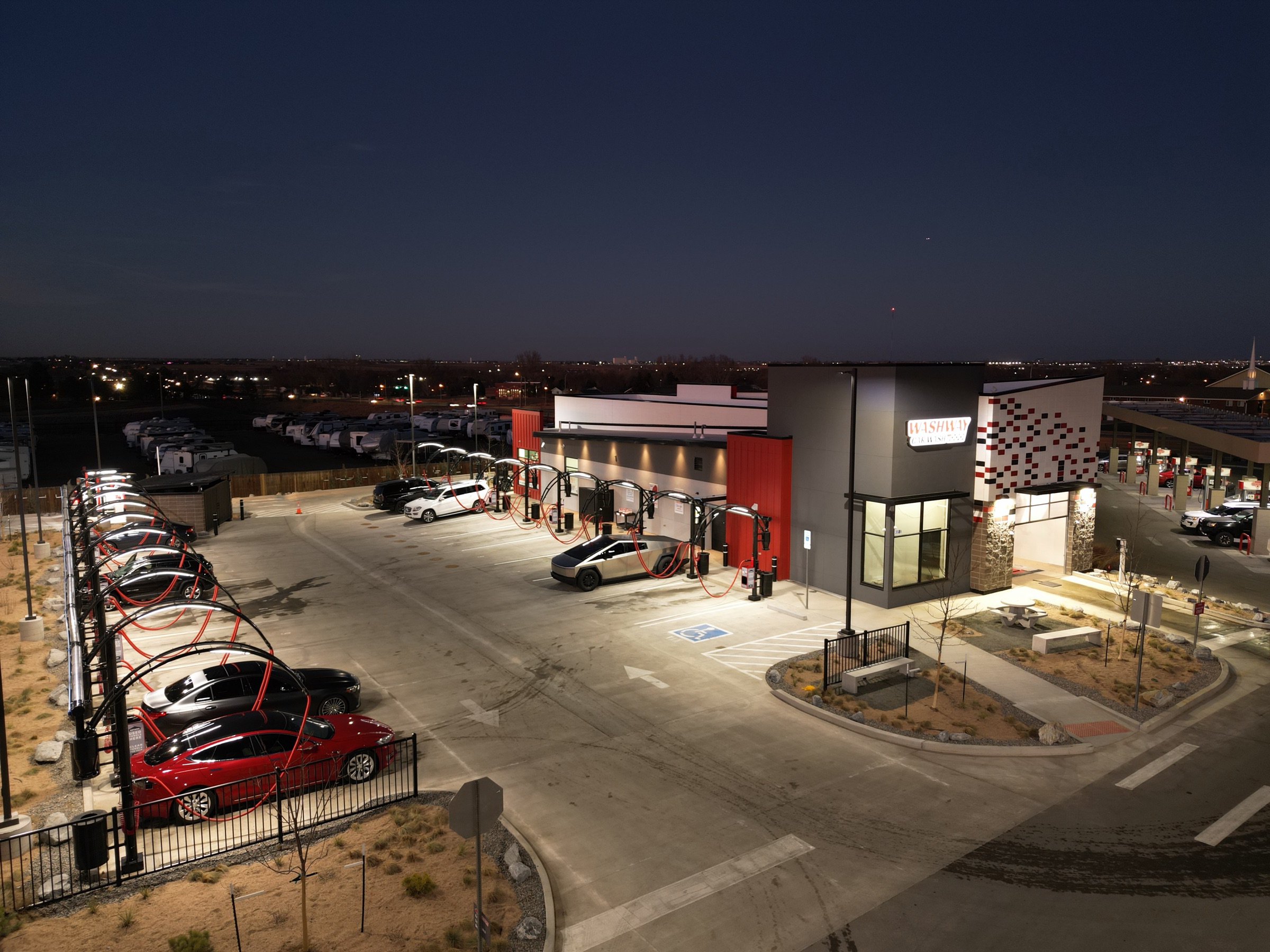 Aerial view of Washway Car Wash at night